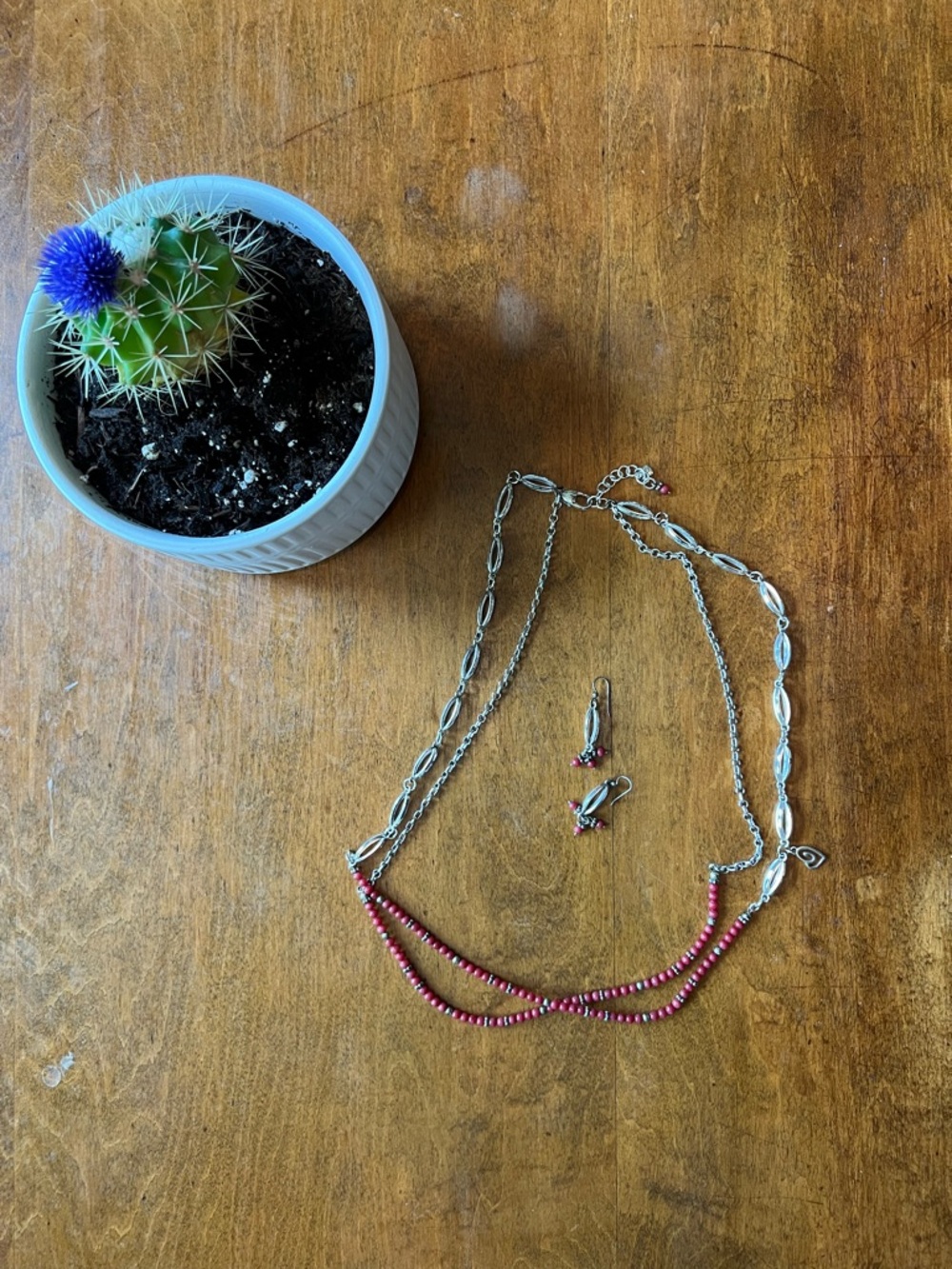 Vintage Brighton Silver and Red Beaded Necklace and Earrings Set